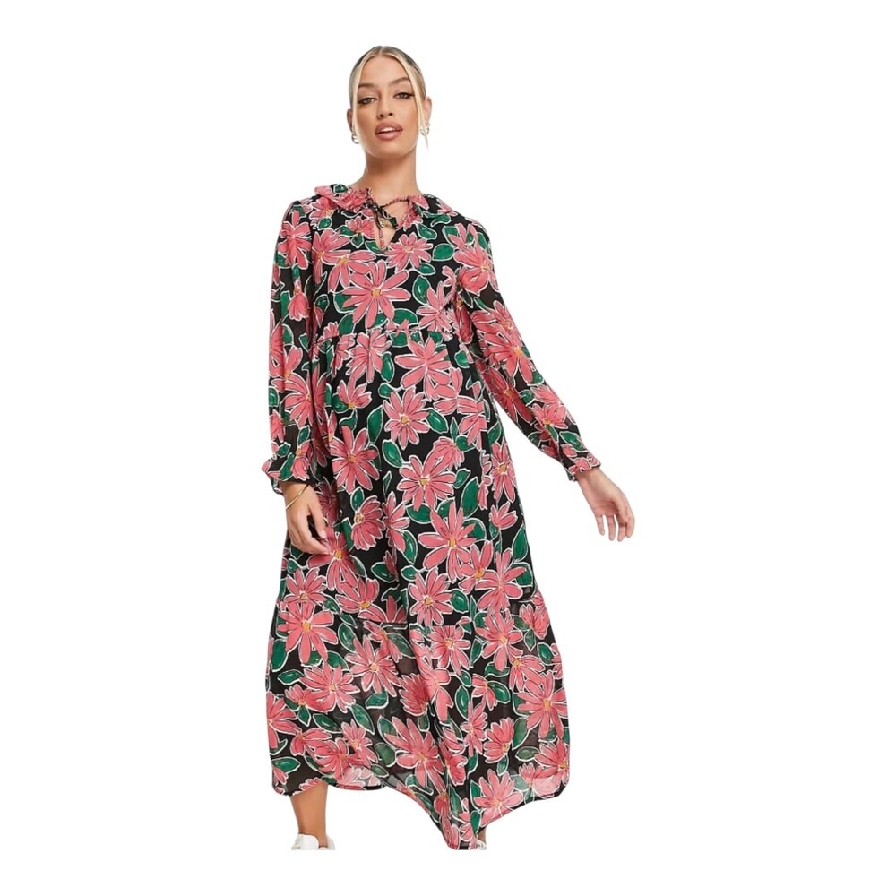 Wednesday's Girl Pink Green Floral Ruffle Neck‎ V Neck Midi Dress Maternity 10